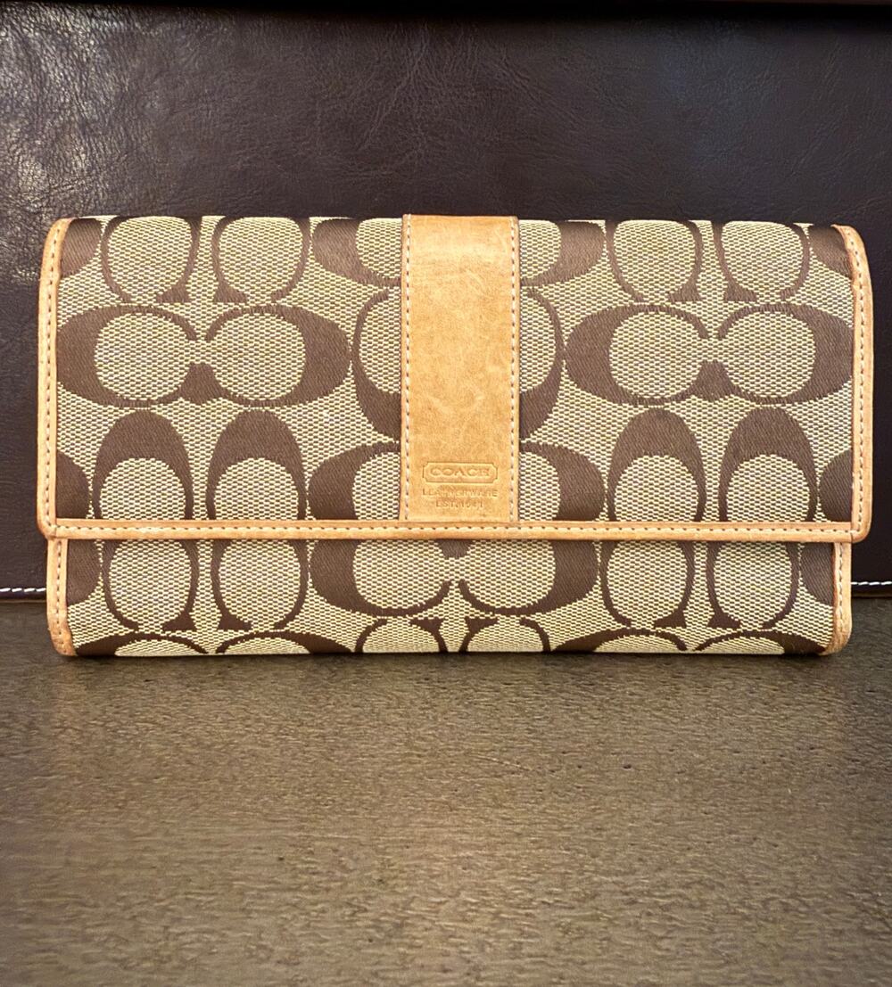 Coach Y2K Signature Jacquard Leather Checkbook Wallet Trifold Brown Tan Vintage